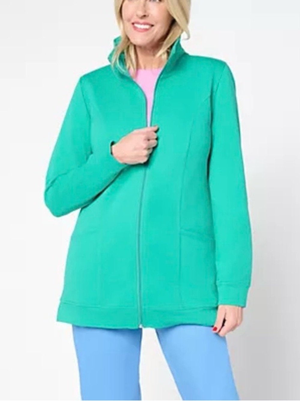 Denim & Co Easy Wear French Terry Zip Tunic Jacket Spring Jade Large Petite
